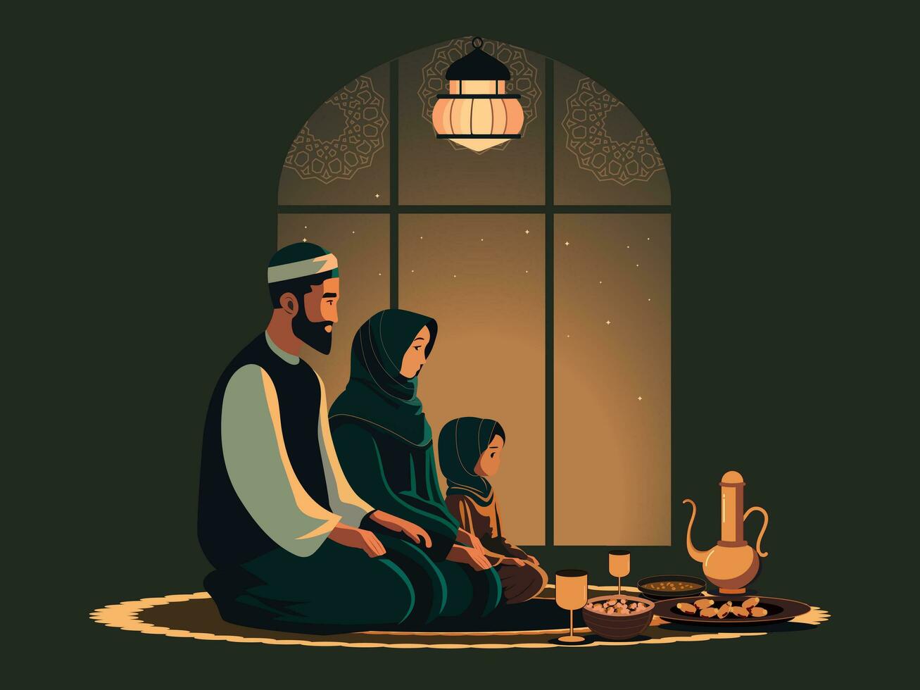 illustratie van moslim familie bidden voordat maaltijd Aan mat in voorkant van mandala Islamitisch venster Bij nacht. vector