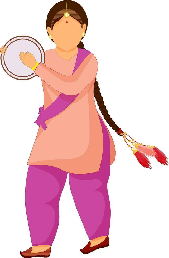 illustratie van gezichtsloos Punjabi jong meisje spelen tamboerijn. vector