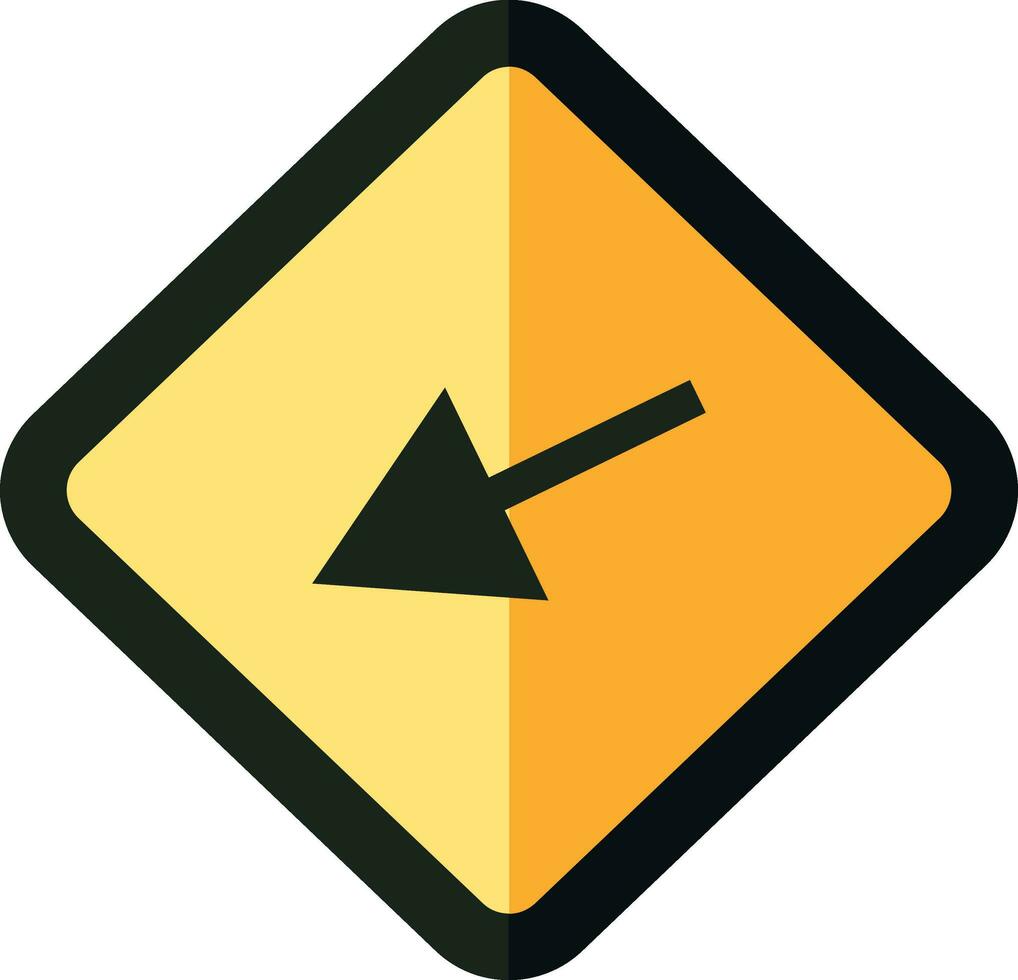 naar beneden diagonaal links pijl verkeer icoon in zwart en geel kleur. vector
