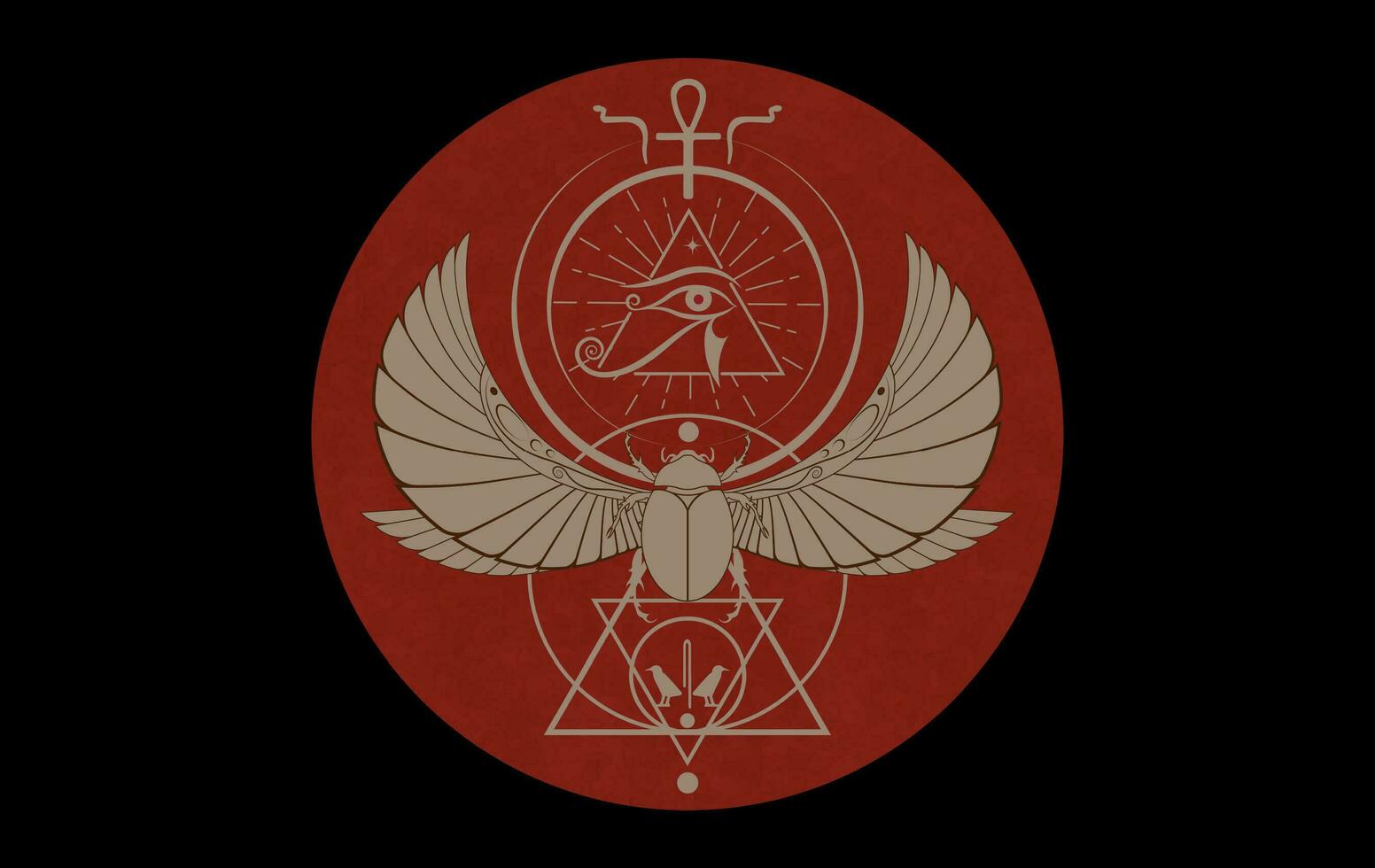 Egyptische heilig scarabee en oog van hoera, gevleugeld kever vector illustratie logo ontwerp, Egyptische hiërogliefen. oud symbolen van de oude Egypte. rood cirkel geïsoleerd Aan zwart achtergrond