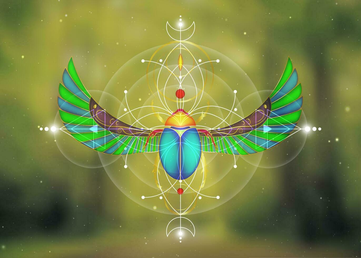 heilig geometrie, scarabee kever Aan bloem van leven, mystiek tekening van cirkels, driehoeken, maan, regeling van energie. symbolen van alchimie, magie, esoterisch, occultisme. vector geïsoleerd Aan groen natuur