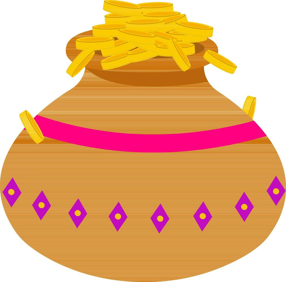 vol van gouden munt kalash wijnoogst pot bruin en roze icoon. vector