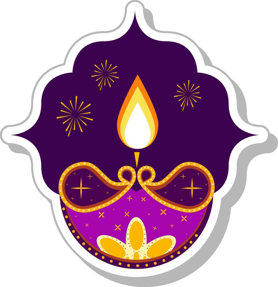sticker stijl brandend diya olie lamp voor gelukkig diwali viering tegen Purper achtergrond. vector