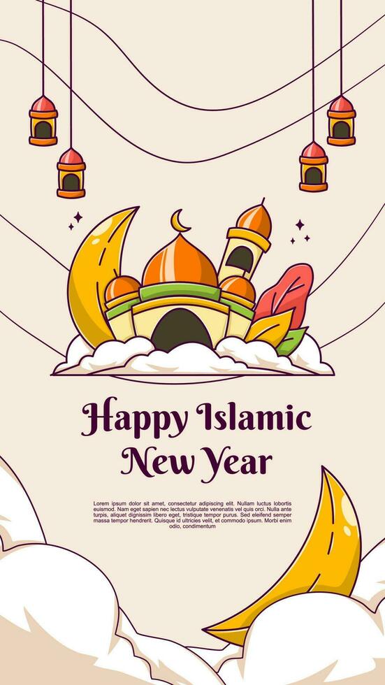 Islamitisch nieuw jaar groet met tekenfilm ontwerp vector