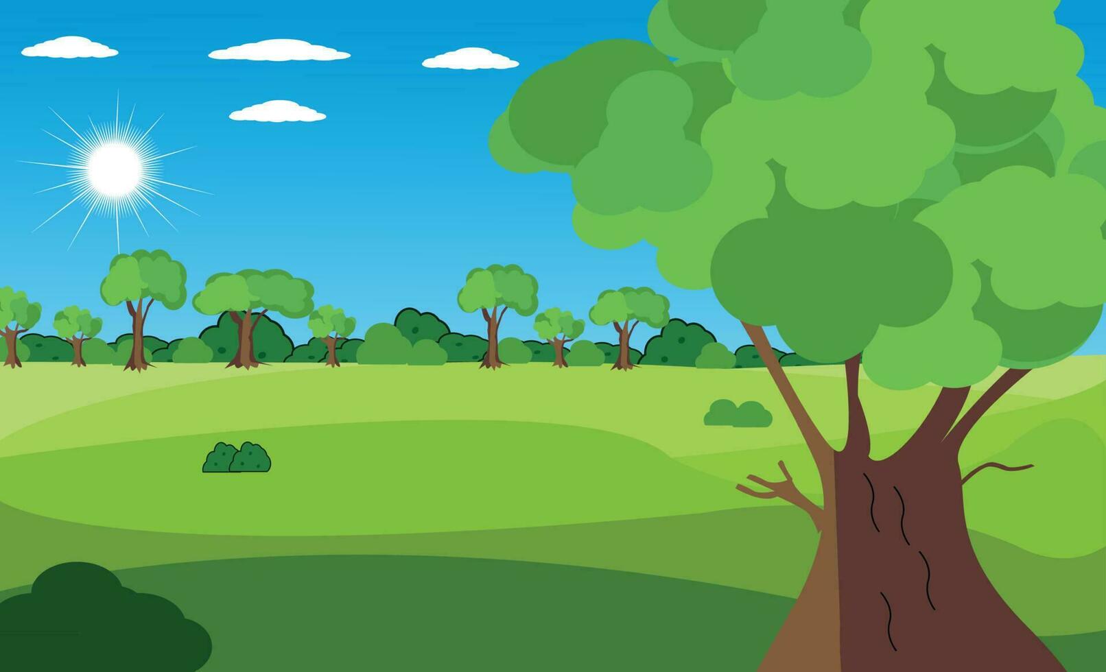 vector natuur landschap achtergrond. schattig gemakkelijk tekenfilm stijl. kleurrijk bomen en zon, groen gras en lucht.