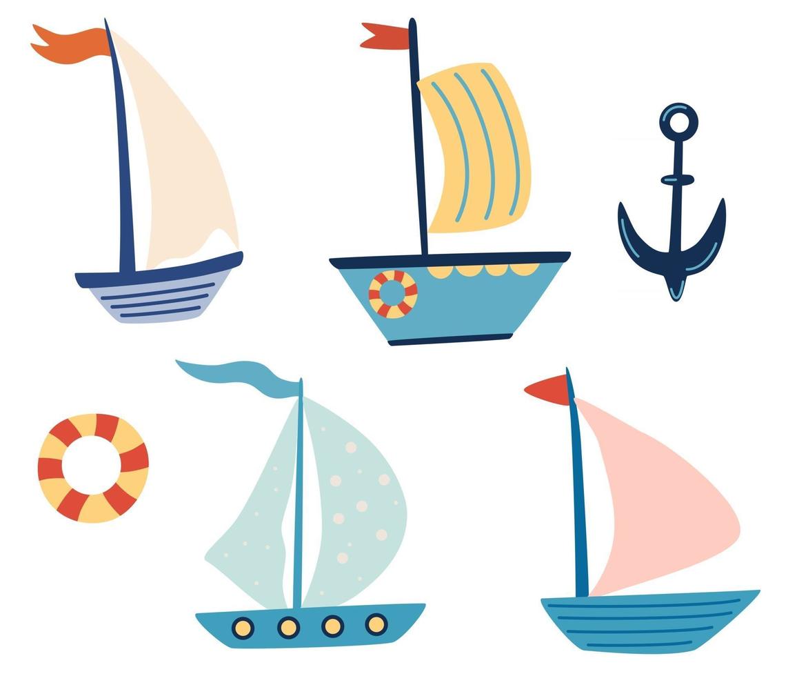 schattige schepen zeilboot jachten set boot tekening set kleine schepen in schattig plat ontwerp zeevervoer cartoon mariene pictogrammen instellen voor kaarten kinderen t-shirt prints kinderachtig collectie vector illustratie