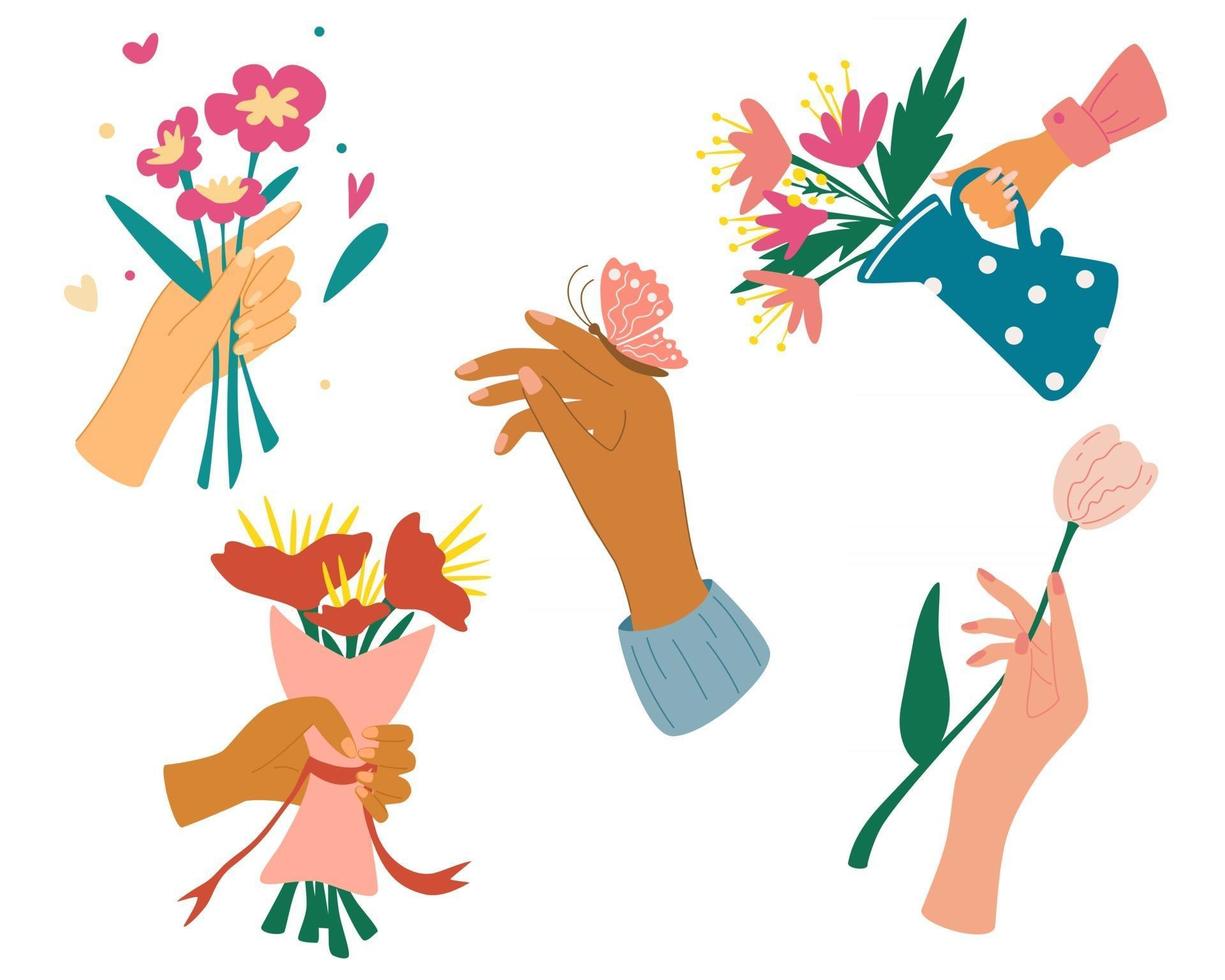 verzameling van handen met boeketten of trossen bloeiende bloemen verschillende huidskleuren handen met bloemen set elegante zomergeschenken bundel floral decoratieve ontwerpelementen vector