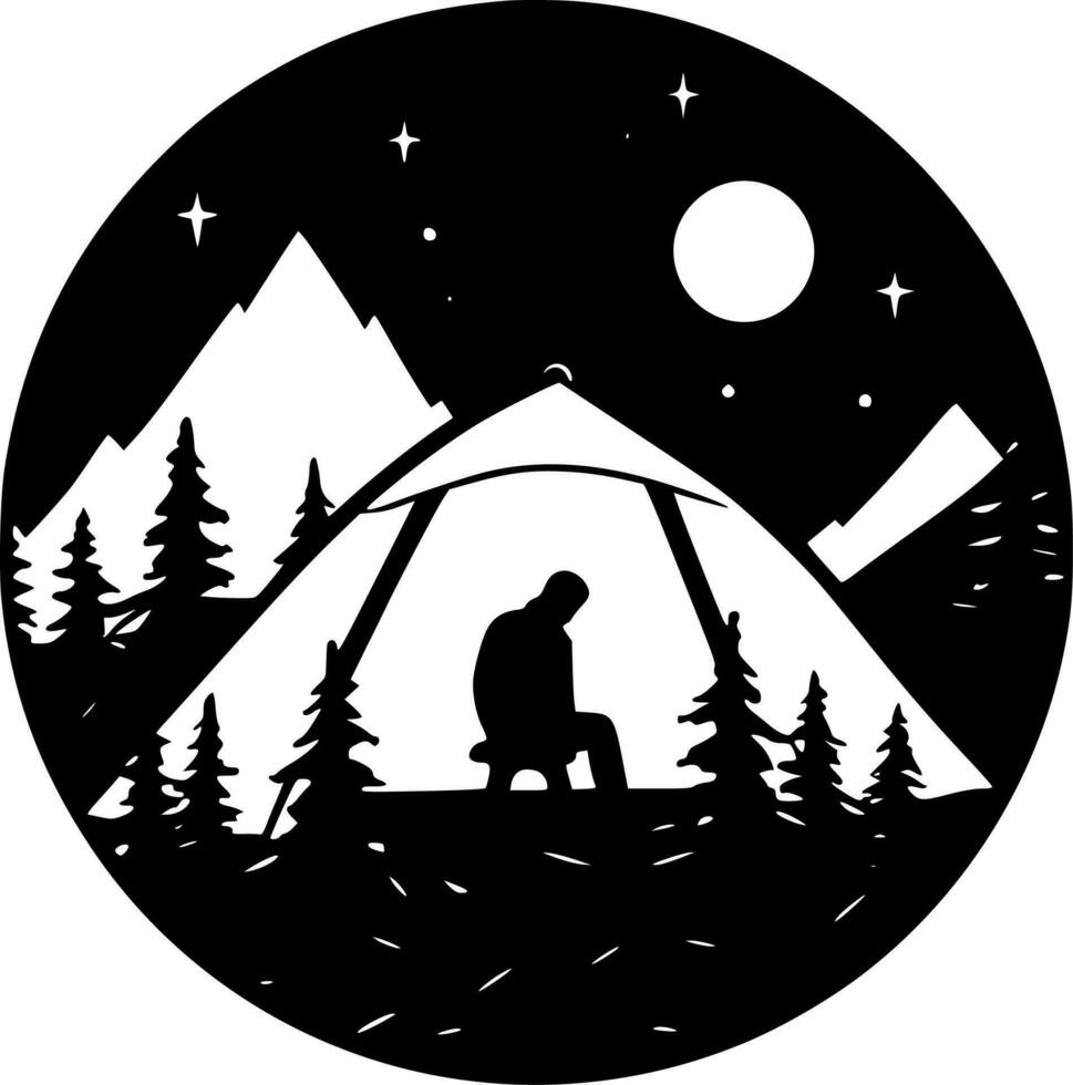 camping, zwart en wit vector illustratie