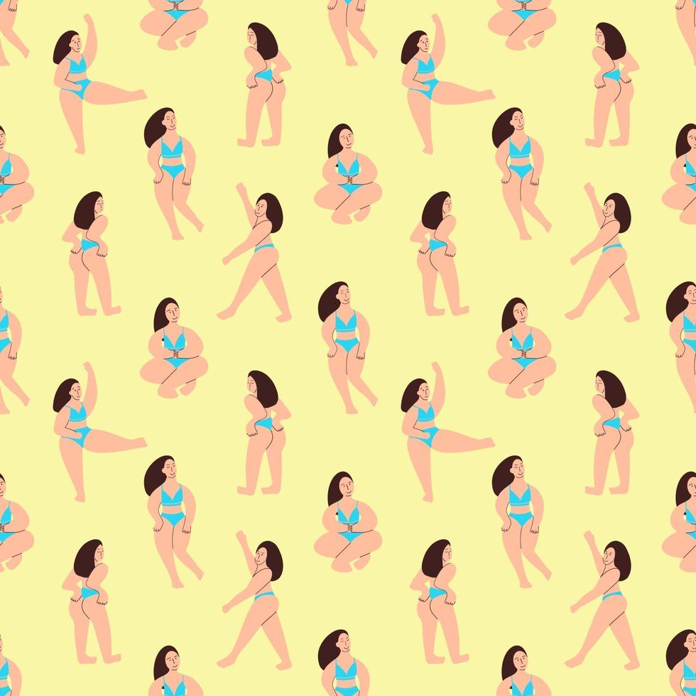 bodypositive meisjes naadloze patroon. een bochtig model pronkt met haar lichaam. vector illustratie