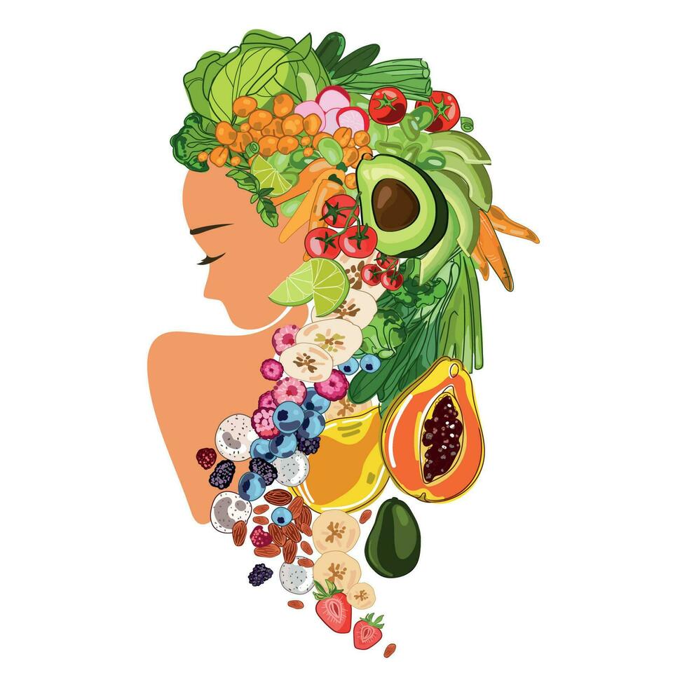 jong gezond vrouw abstract portret met fruit groenten en bessen Aan haar hoofd.veganisme en vegetarisme concept.schoon voedsel en gezond lifestyle.veganistisch meisje vector embleem,embleem,druk ontwerp