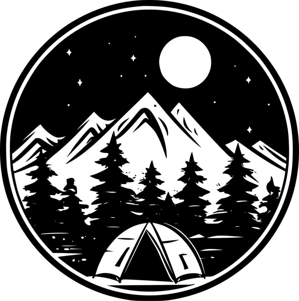 camping - zwart en wit geïsoleerd icoon - vector illustratie