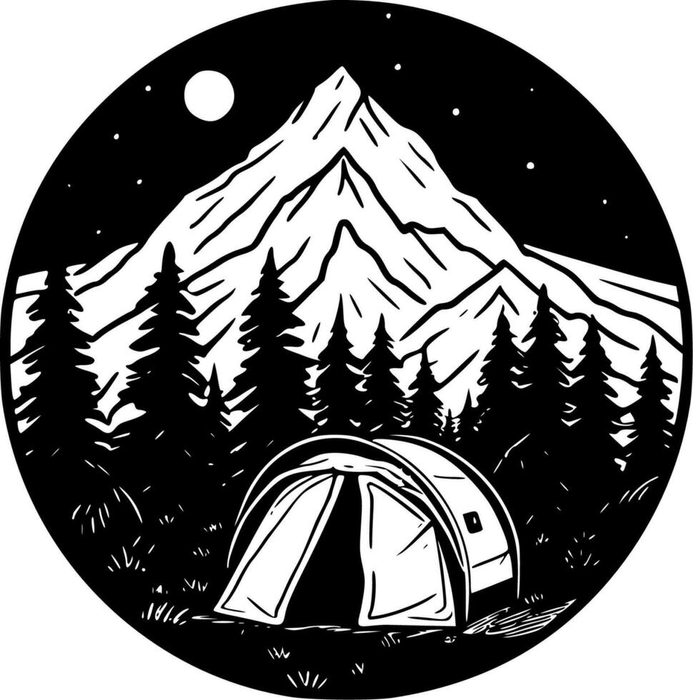 camping - zwart en wit geïsoleerd icoon - vector illustratie