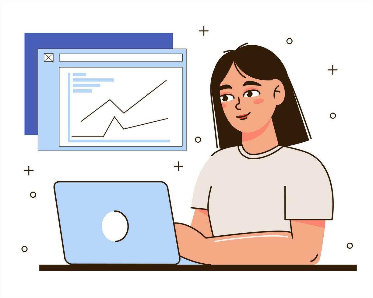 de meisje is werken Aan een laptop. werk online of freelancer. vlak stijl. geschikt voor beeld werk, kantoor, in dienst nemen personeel. vector illustratie.