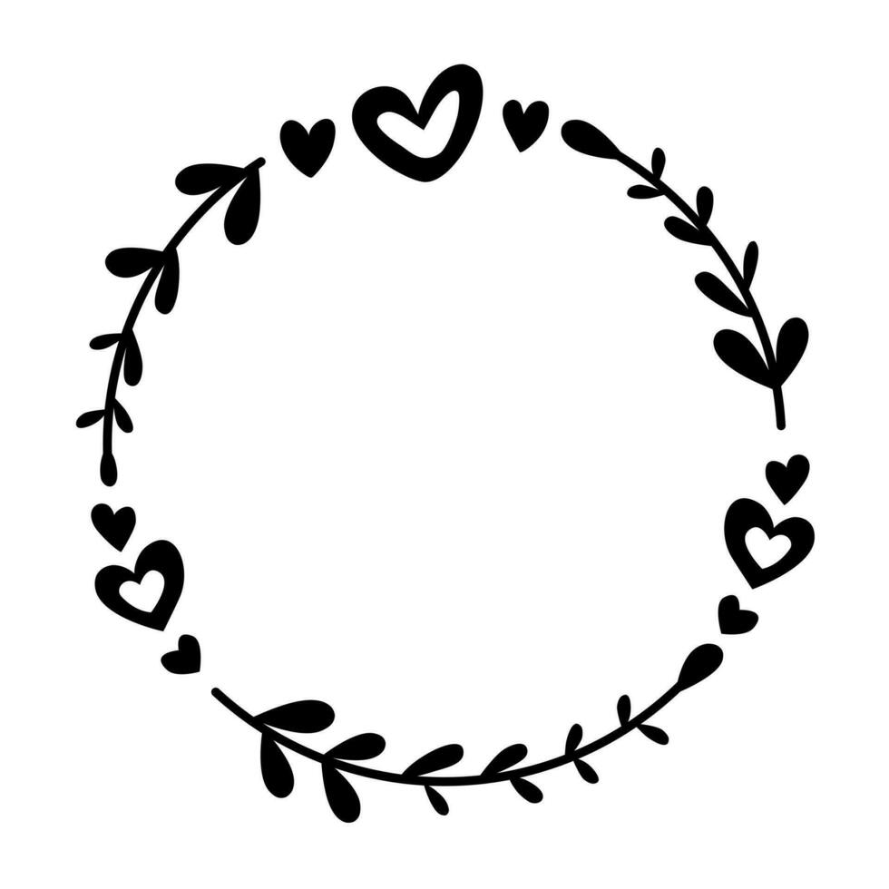 tekening zwart lijn hart en bladeren in cirkel Aan wit achtergrond. vector illustratie voor versieren logo, tekst, bruiloft, groet kaarten en ieder ontwerp.