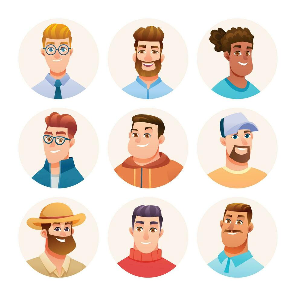 verzameling van Mens avatar karakters. mannetje avatars in tekenfilm stijl vector