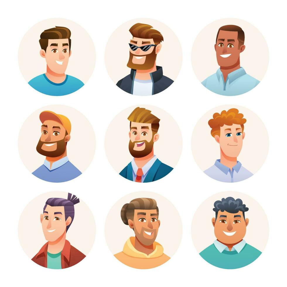 Mens avatar tekens verzameling. mannetje avatars in tekenfilm stijl vector