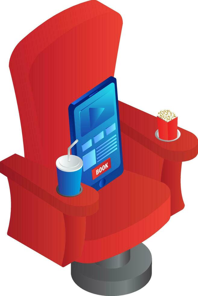 3d illustratie van mobiel video met popcorn en zacht drinken Aan rood stoel voor viering concept. vector