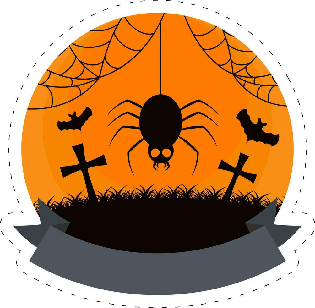 geïsoleerd griezelig spin hangen met vliegend vleermuizen dier over- begraafplaats oranje circulaire achtergrond voor gelukkig halloween concept. vector