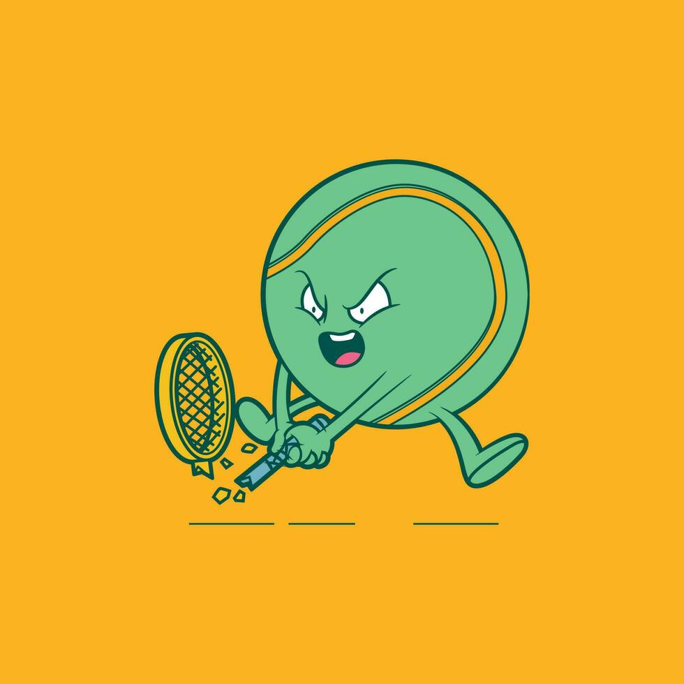 tennis bal karakter breken een racket vector illustratie. sport, oefening, merk ontwerp concept.