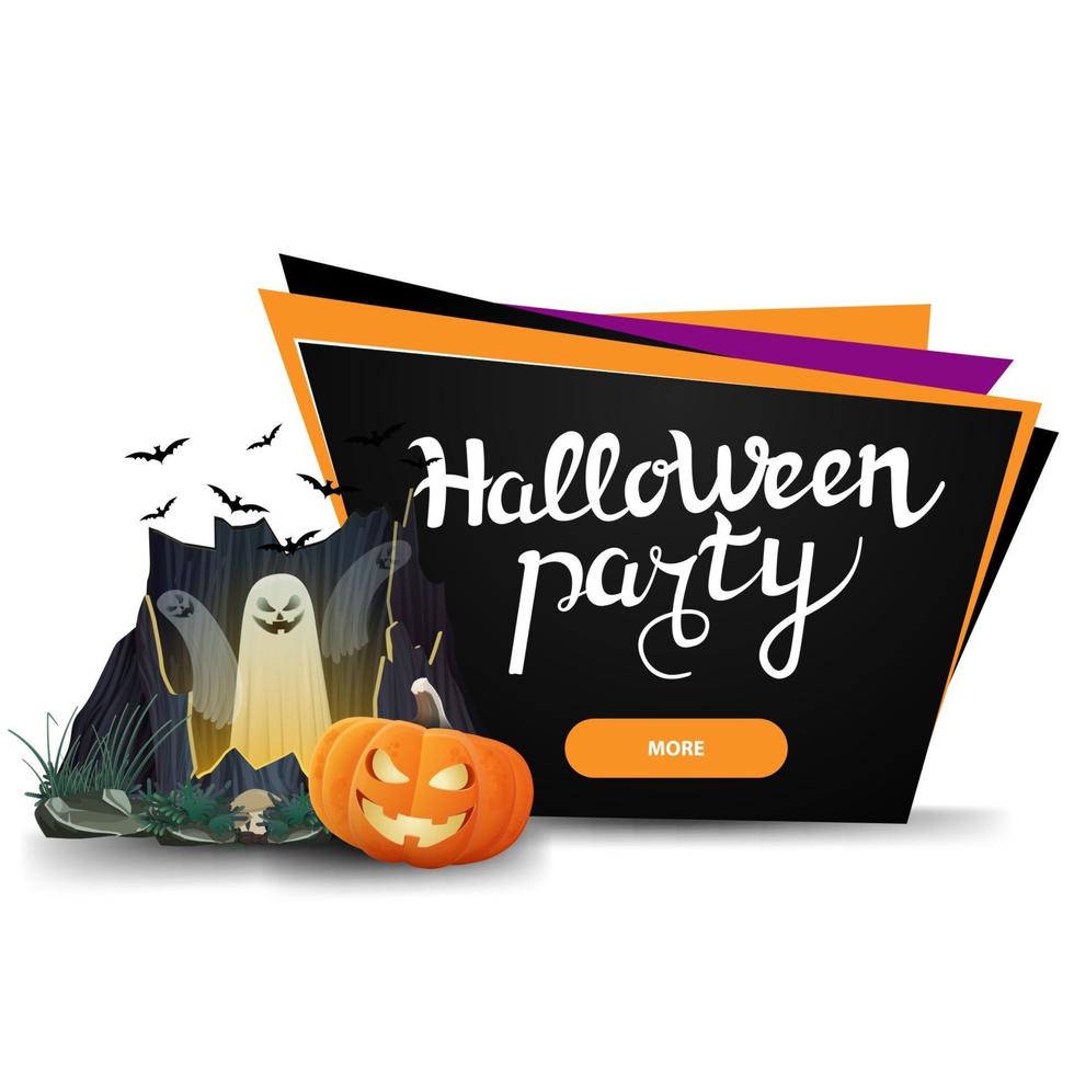 halloween-feest zwarte uitnodiging banner in de vorm van geometrische platen met knoppenportaal met geesten en pompoen jack vector