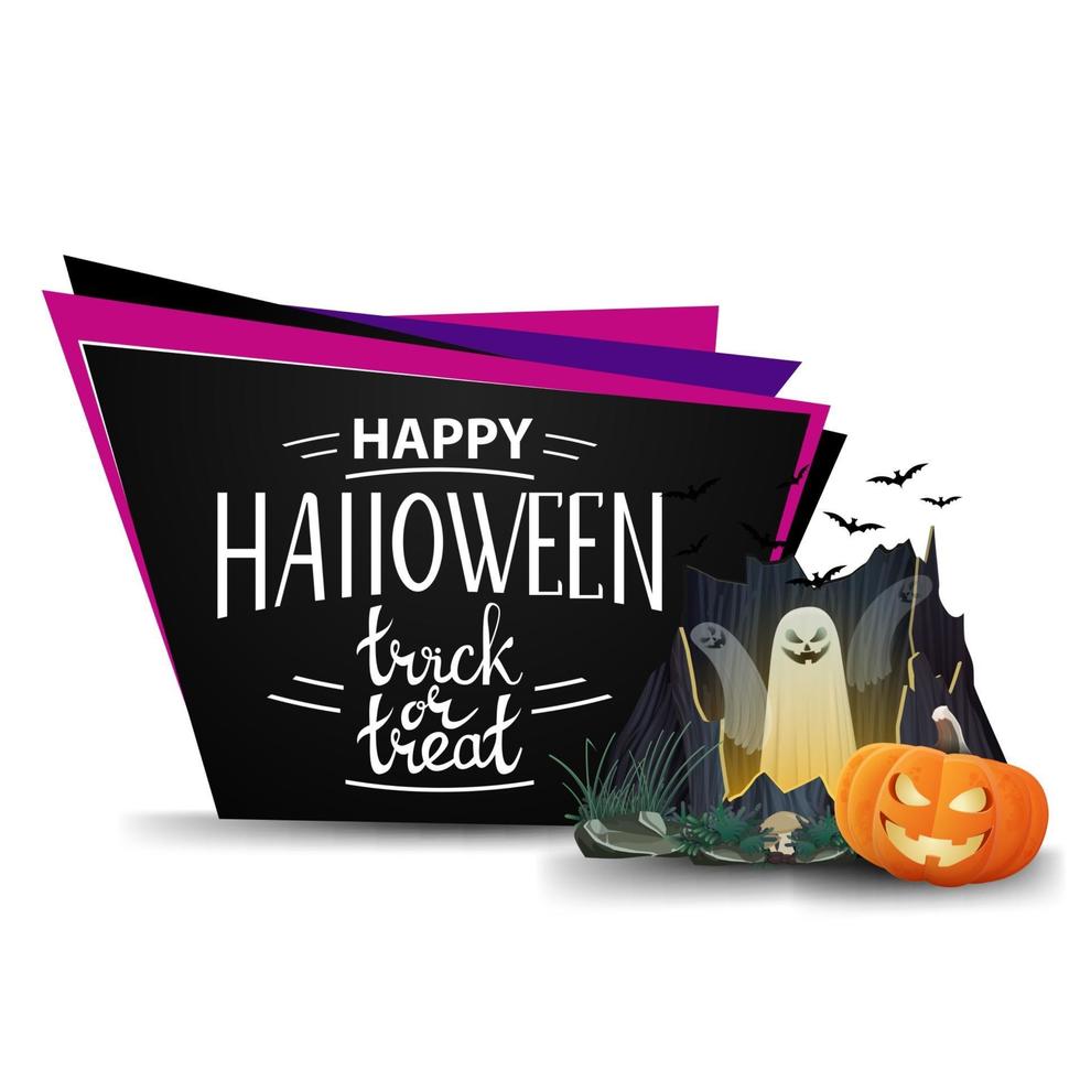 happy halloween zwarte wenskaart in de vorm van geometrische platen met portaal met spoken en pompoen jack vector
