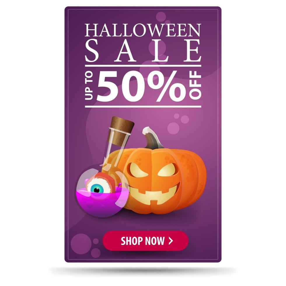 halloween-verkoop tot 50 korting op paarse verticale moderne banner met voor uw kunst met pompoenhefboom en heksendrankje vector