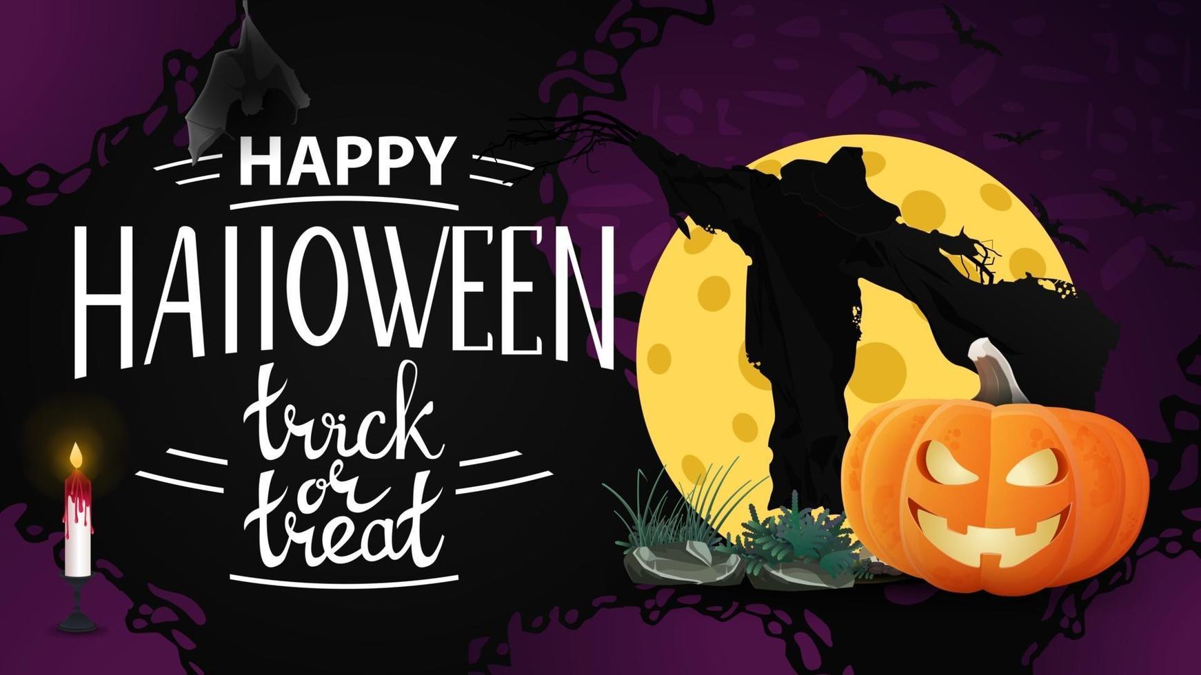 gelukkige horizontale de groetbanner van Halloween met vogelverschrikker en pompoenhefboom tegen de maan vector