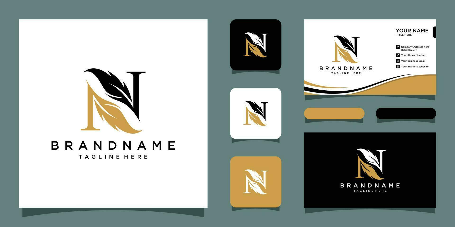 eerste brief n logo met veer luxe goud premie vector