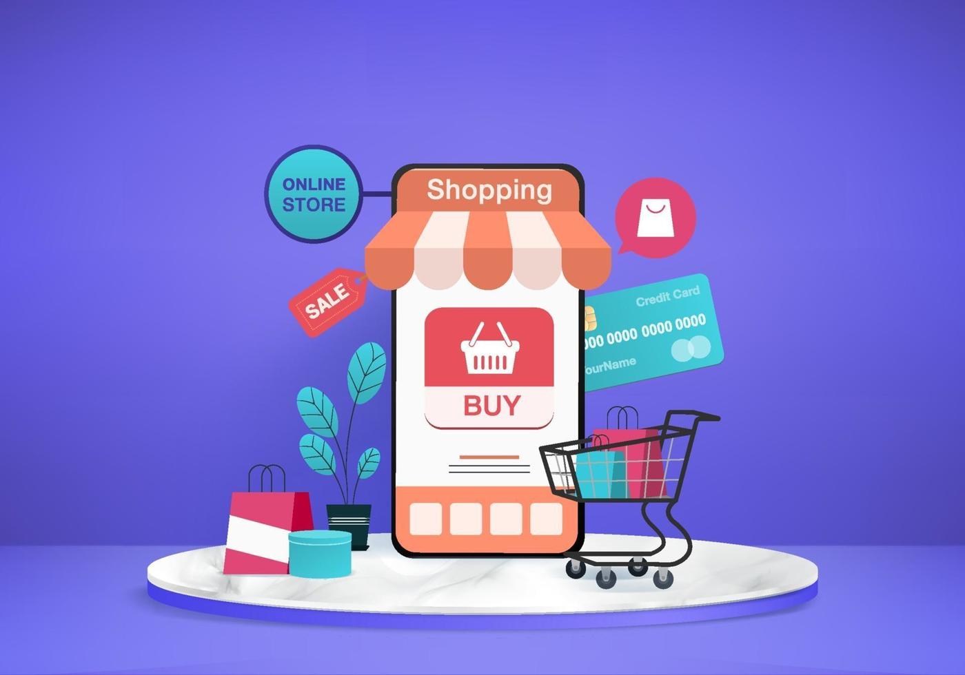 winkelen online winkel te koop mobiel e-commerce 3d blauwe achtergrond winkel online op mobiele app 24 uur winkelwagentje creditcard minimaal winkel online apparaat 3d vector weergegeven