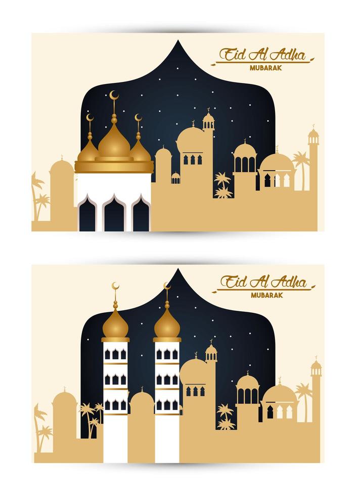 eid al adha-vieringskaart met arabisch stadsgezicht vector