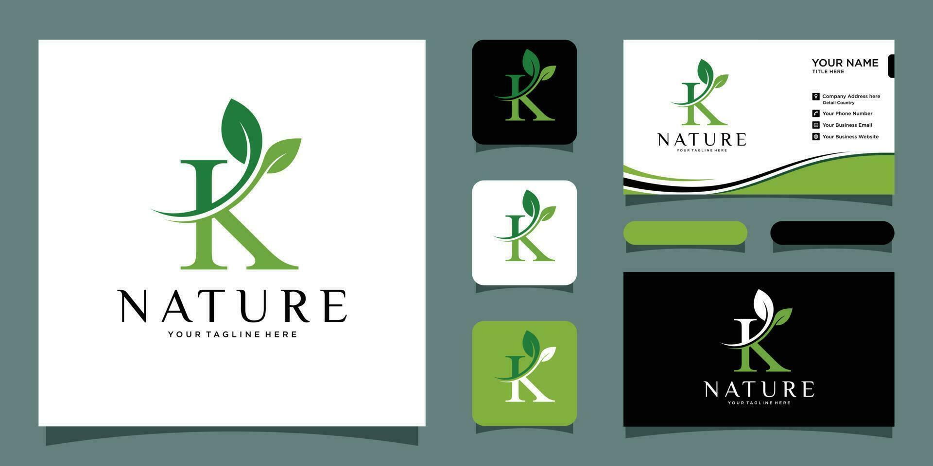 eerste brief k met blad luxe logo. groen blad logo met bedrijf kaart ontwerp premie vector