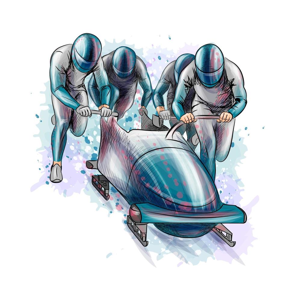 bobslee voor vier atleten uit splash van aquarellen sportuitrusting voor de bobslee race wintersport vectorillustratie vector
