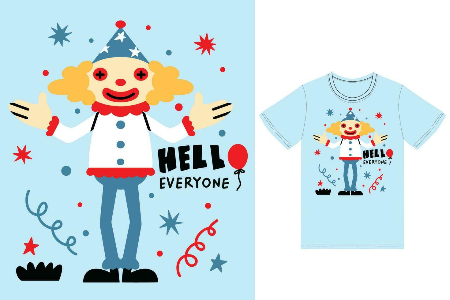 schattig clown illustratie met t-shirt ontwerp premie vector