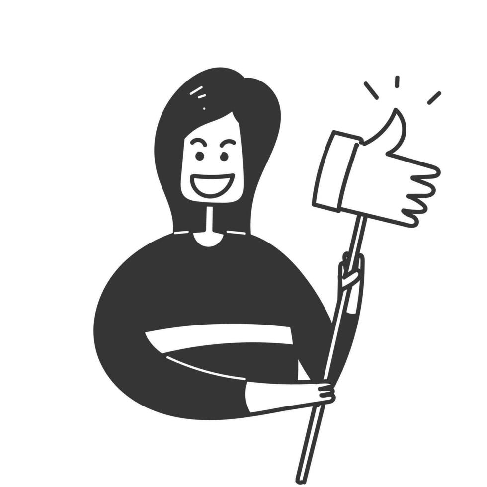 hand- getrokken tekening glimlachen persoon met duim omhoog gebaar illustratie vector
