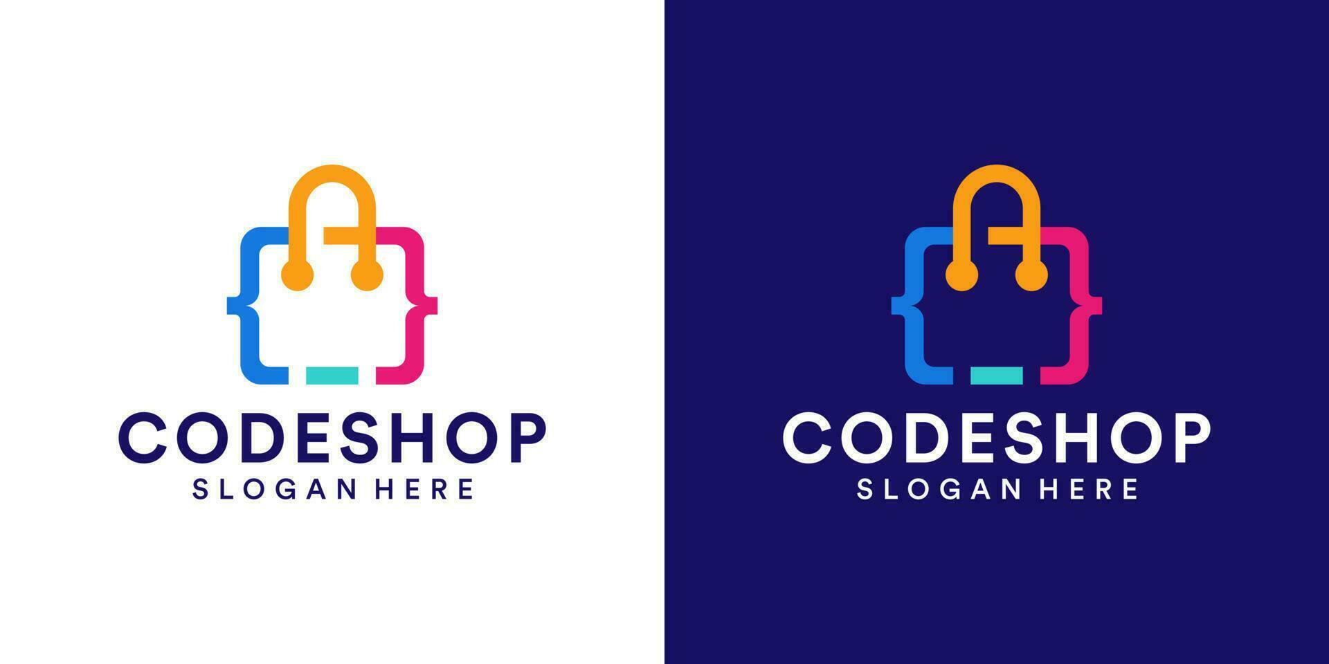 kleurrijk codering logo ontwerp met boodschappen doen zak ontwerp sjabloon. modern code logo voor programmeur grafisch ontwerp vector illustratie. symbool, icoon, creatief.