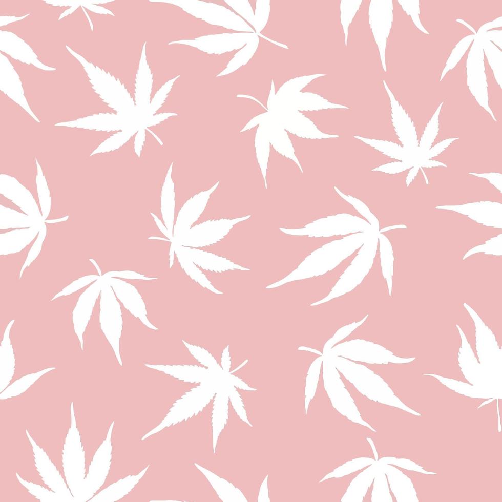 naadloze patroon van witte hennep op een roze achtergrond. witte hennepbladeren op een roze achtergrond. marihuana patroon. vector illustratie.