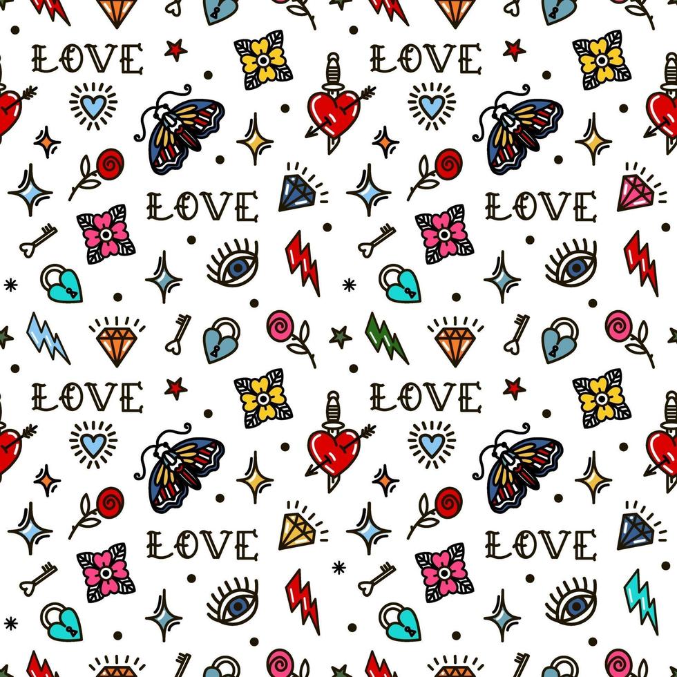 old school tattoo naadloze patroon met liefdesymbolen. ontwerp voor Valentijnsdag, stelten, inpakpapier, verpakking, textiel vector