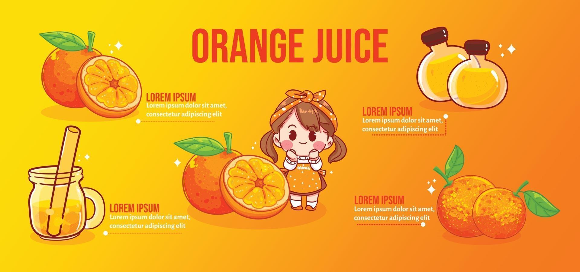 gelukkig schattig meisje en jus d'orange cartoon kunst illustratie vector