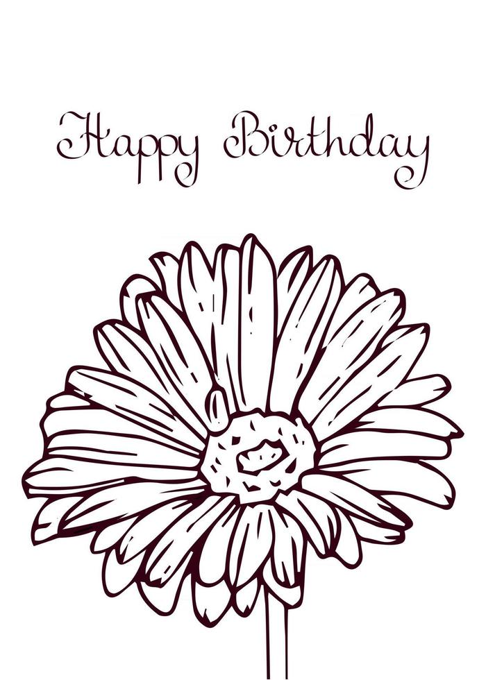 verjaardag belettering wenskaart met gerbera bloem in hand getrokken schets stijl vectorillustratie vector