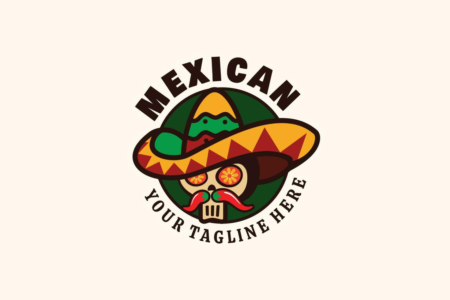 Mexicaans restaurant logo met een combinatie van een schedel, sombrero hoed, en kruiden in een cirkel vorm geven aan. vector