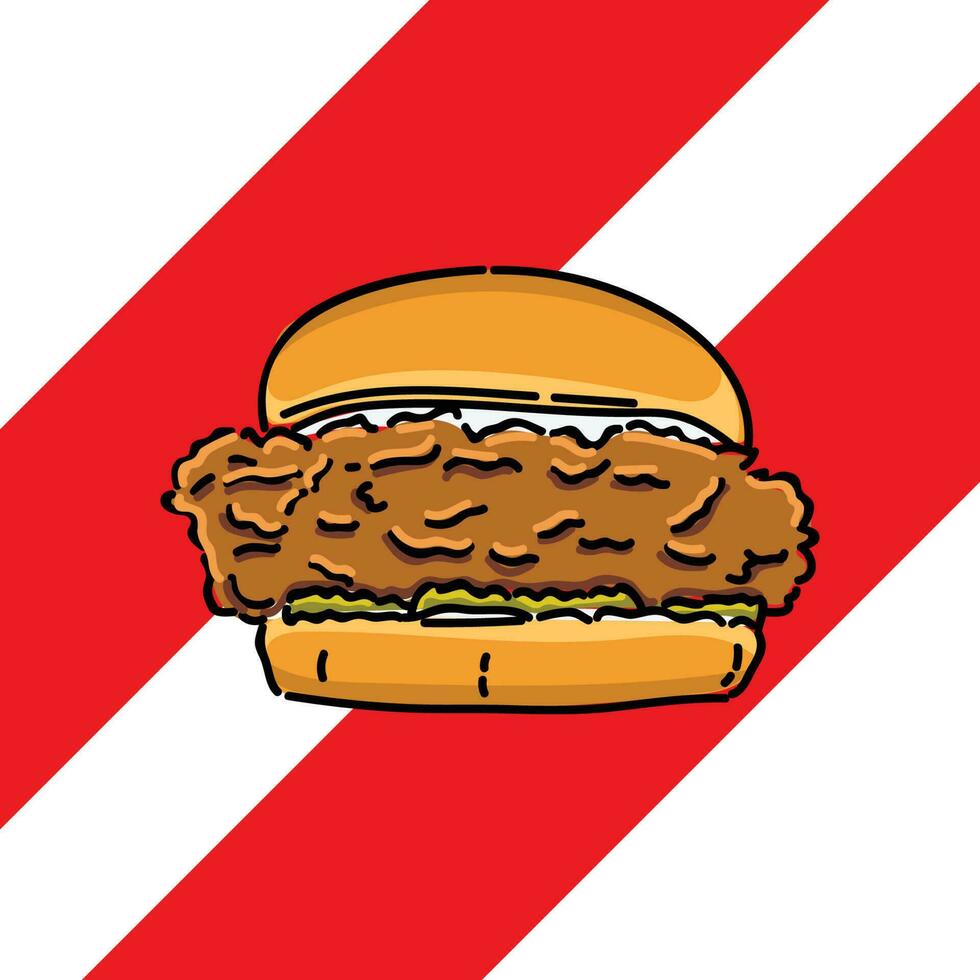 kip hamburger hand getekend in een wit en rood streep achtergrond vector