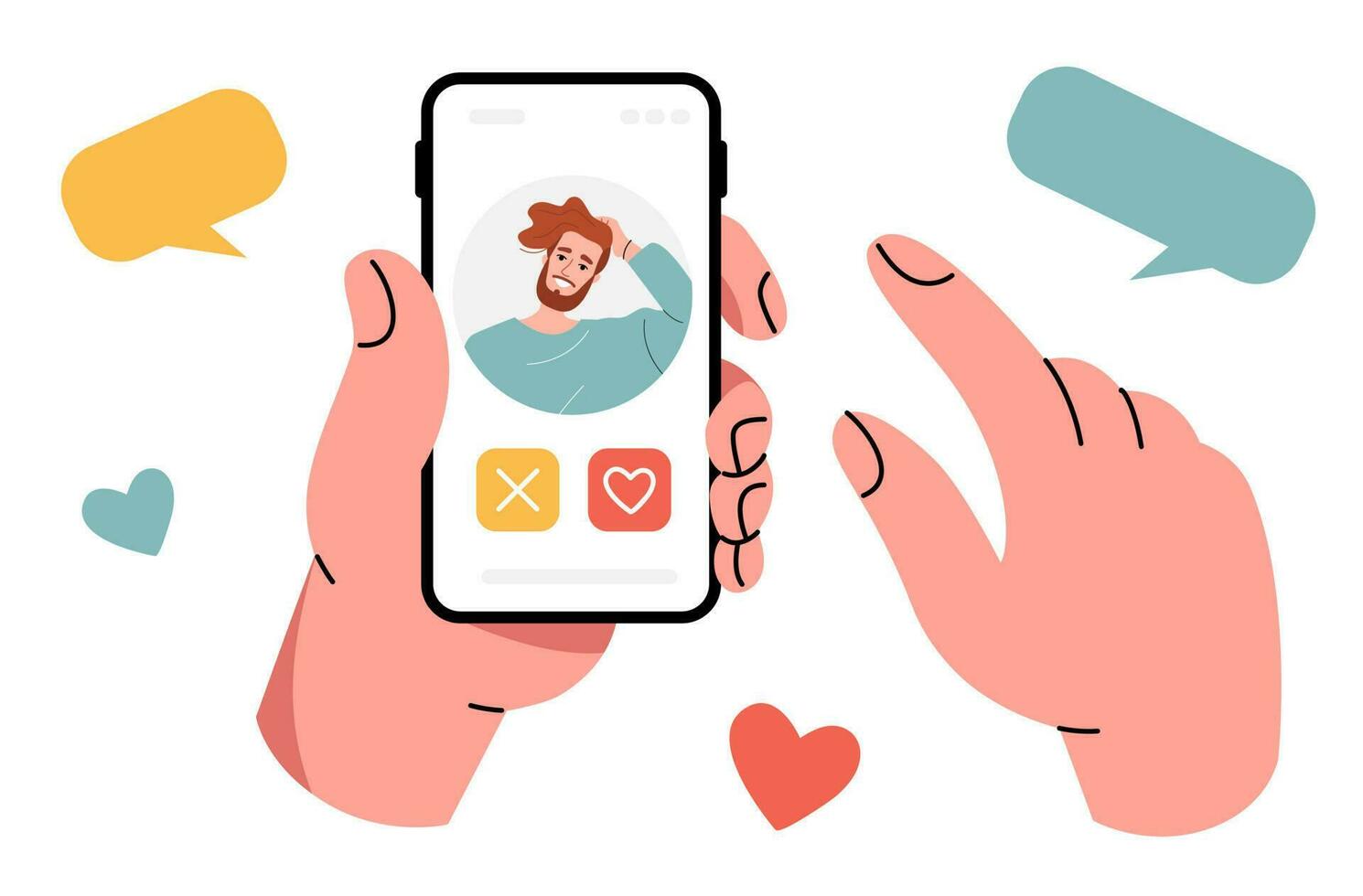 een menselijk hand- is Holding een smartphone. toewijzen een datum naar een Mens. bericht, correspondentie, liefde. dating app. vector