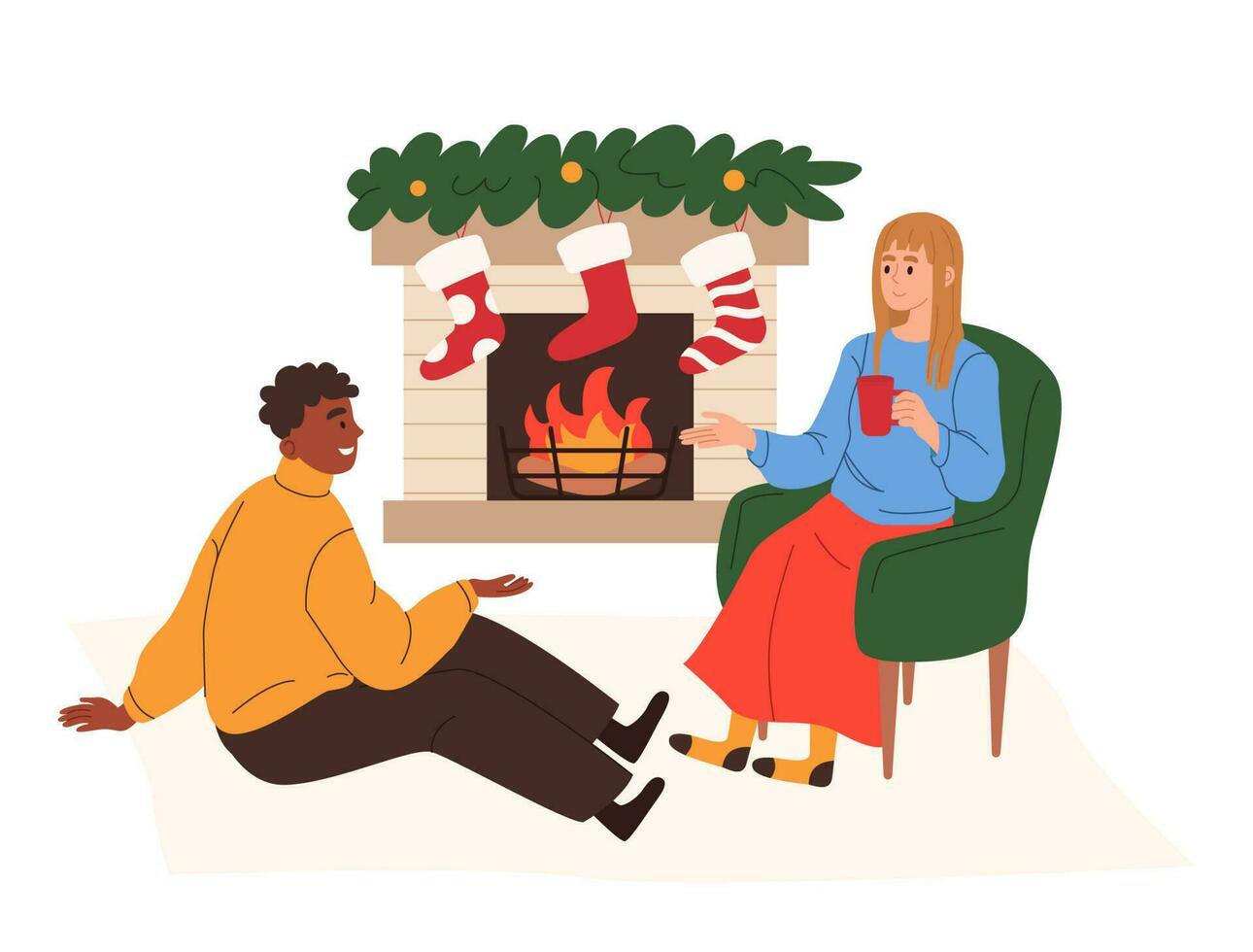 paar communiceren door haard Bij huis. gelukkig Mens en vrouw ontspannende in leven kamer in winter avond Bij Kerstmis vooravond. vlak grafisch vector illustratie geïsoleerd Aan wit achtergrond.