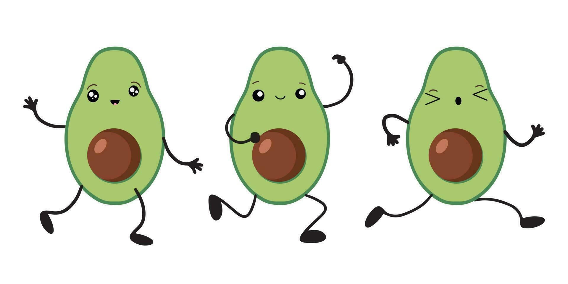 een reeks van avocado's in de stijl van kawaii. avocado fruit in een vlak ontwerp. vector