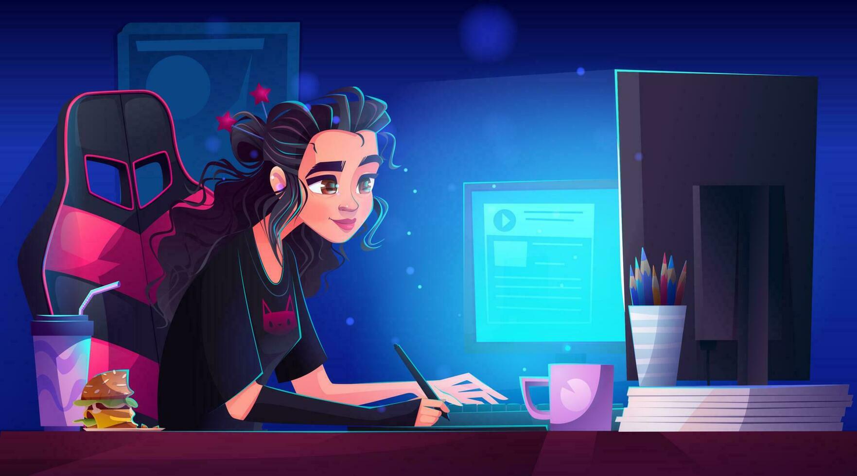 vrouw ontwerper werken Aan computer Bij nacht vector