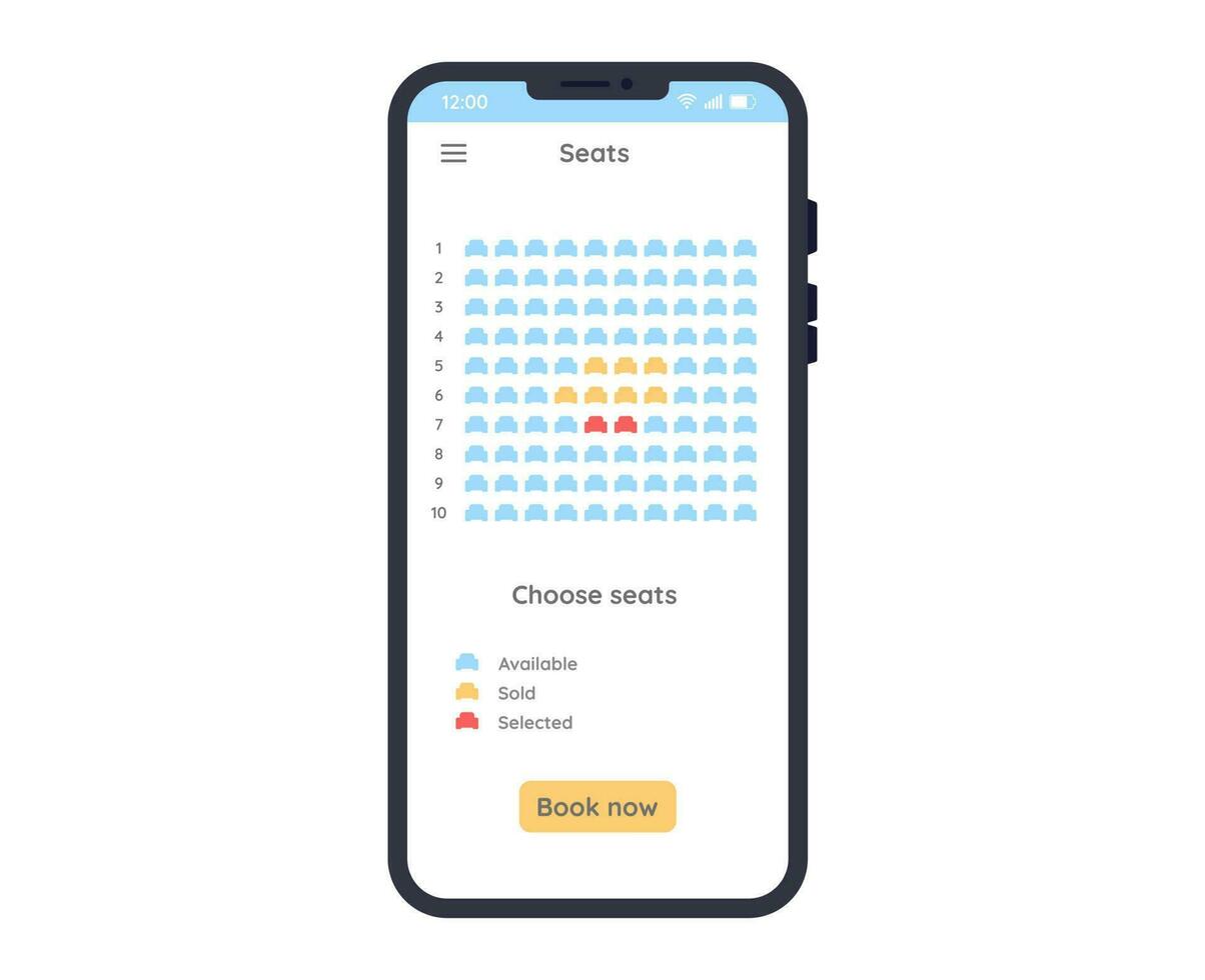 moeiteloos stoel reserveringen gestroomlijnd smartphone reservering voor film theaters en concerten. film stoelen reservering smartphone koppel. online reservering onderhoud app Aan smartphone vector