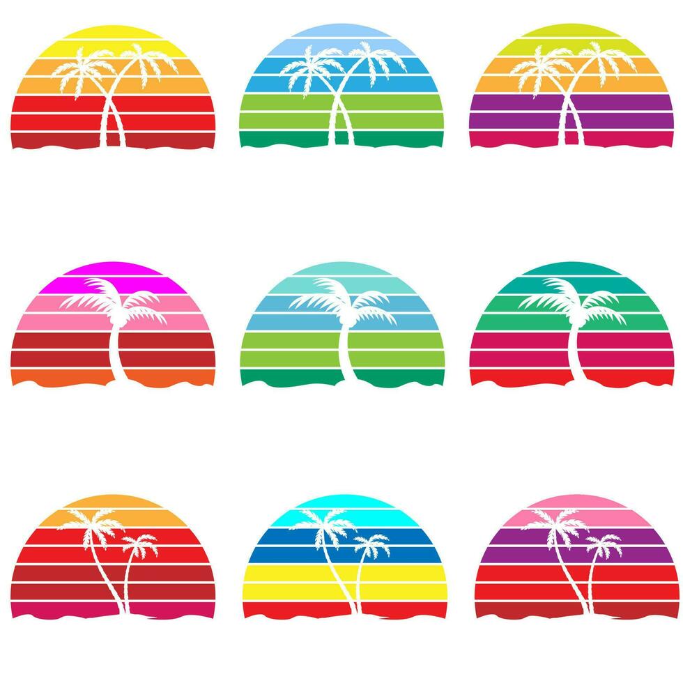 zonsondergang icoon vector set. palm bomen illustratie teken verzameling. strand symbool of logo.