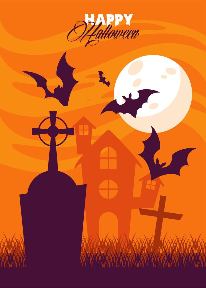 gelukkige halloween-vieringskaart met vliegende vleermuizen en maan op begraafplaats vector