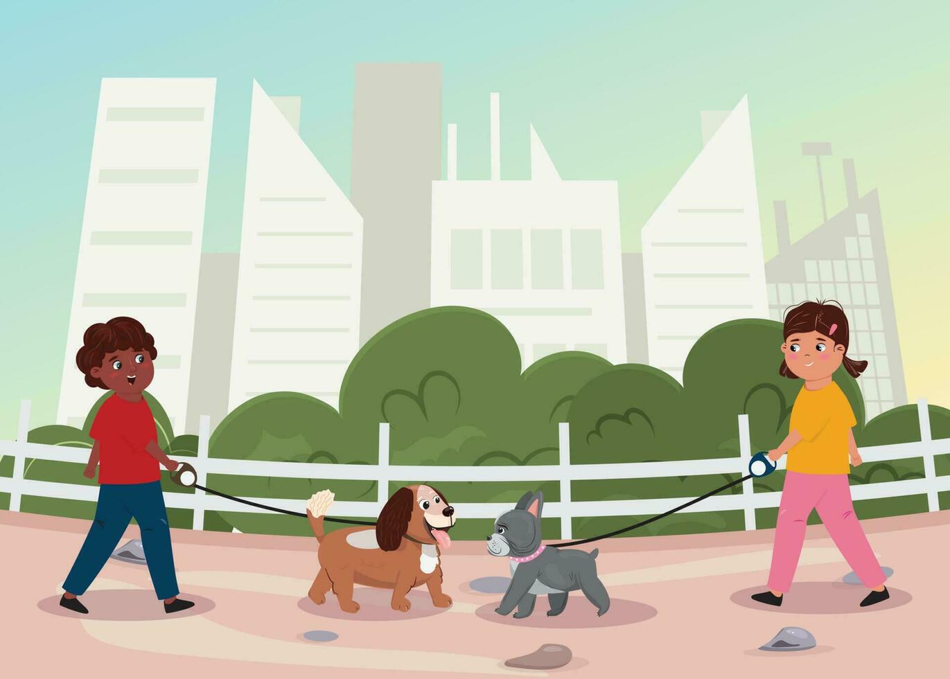 jongen en meisje wandelen hun honden buitenshuis in de stad park. vrienden vergadering elk andere in de park en ontwaken hun honden. zorg, vriendschap, liefde, vrije tijd concept illustratie. vector