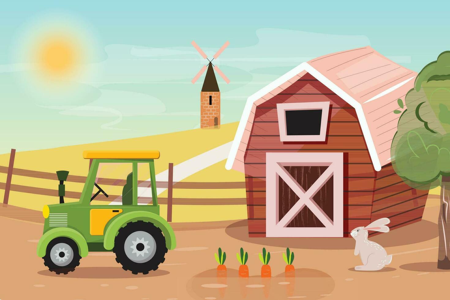 vector vlak tekenfilm illustratie met een tractor, schuur en konijn Aan de zonnig dag.